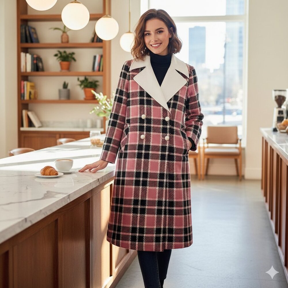 J.ING Jing Blair Waldorf Pink Plaid Double Breasted White Collar Winter Coat NWT